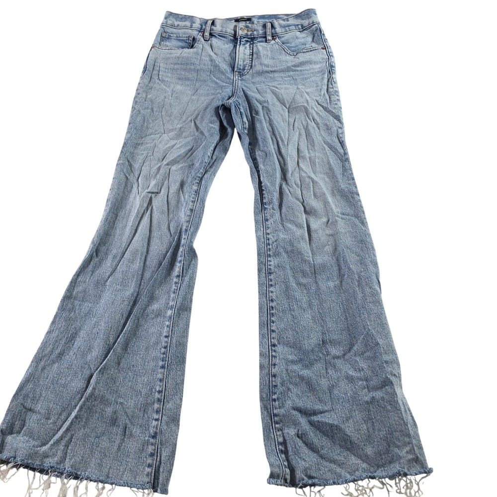 Express 70s Flare Mid Rise Stretch Light Wash Frayed Hem Jeans 6S